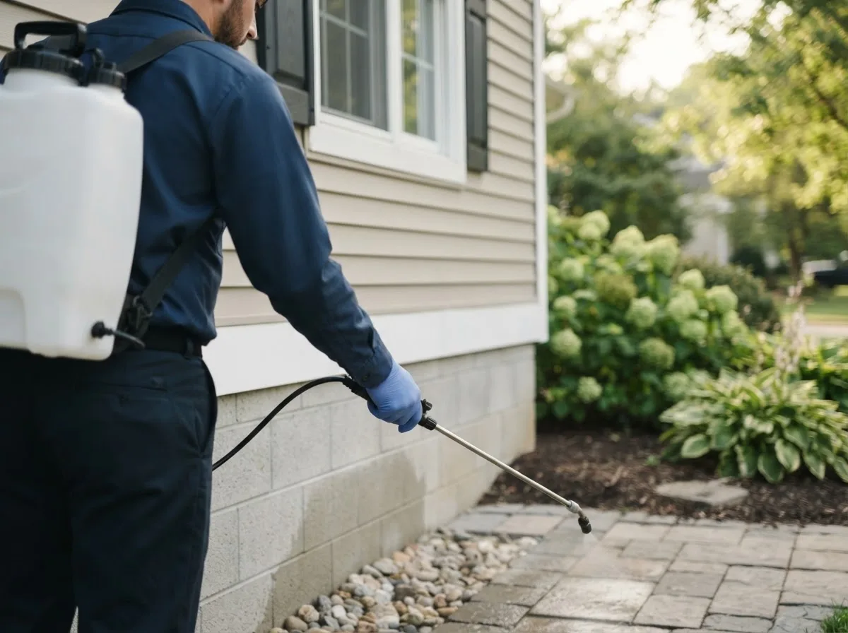 Pest control technician inspecting a home in Woodhull, NY